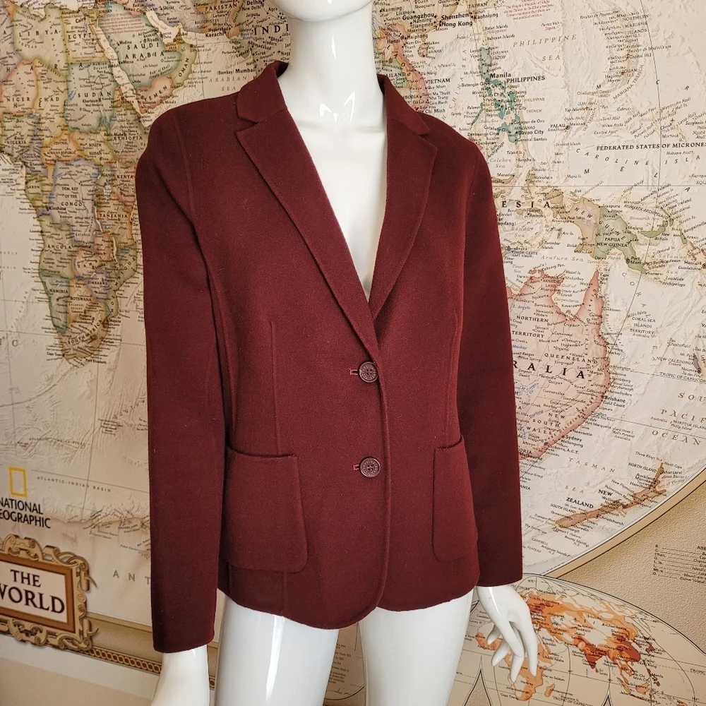 Talbots wool blend fitted maroon burgundy blazer logo buttons pockets office 8